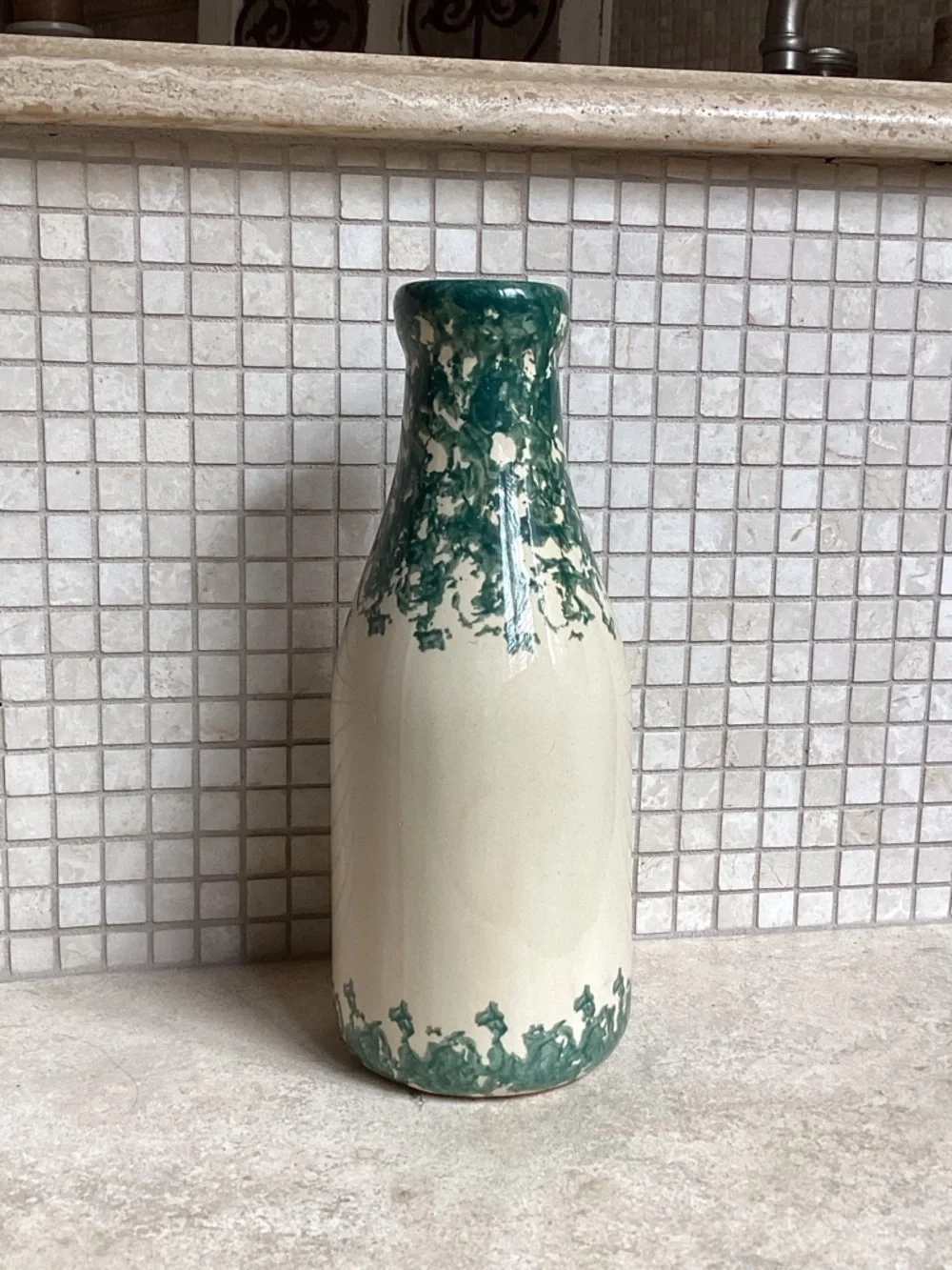 Farmhouse Ceramic Heart Vase in Cream and Forest Green Vintage